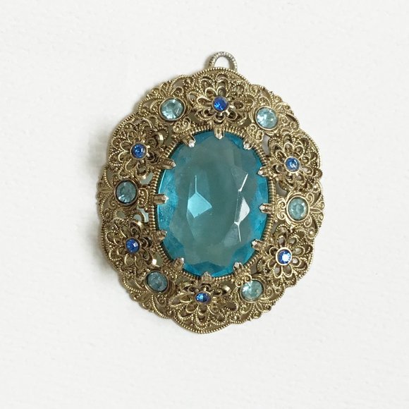 Jewelry - Vintage Filigree Victorian Revival Prong Set Blue Stone Floral Gold Tone Pendant